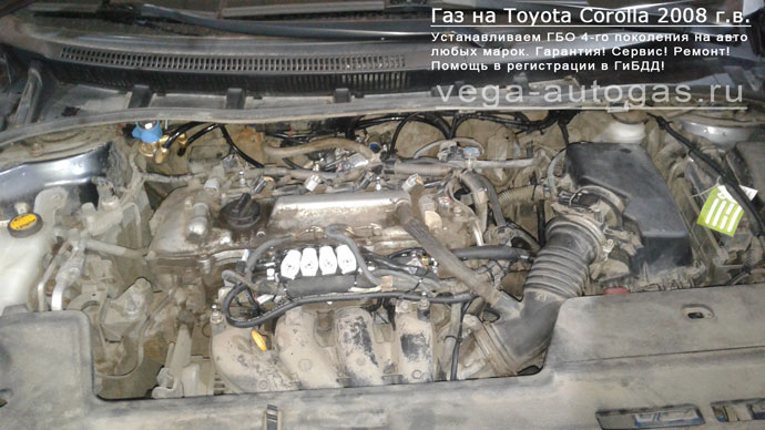 подкапотное пространство Установка ГБО Альфа S на Toyota Corolla 2008 г.в., 1,6л ., 124 л.с., и 54-литрового тороидального баллона в багажнике, в нише для запасного колеса, Нижний Новгород, Дзержинск