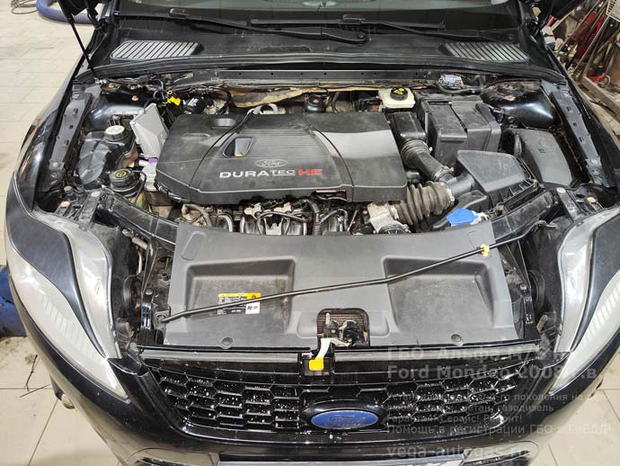 газовое оборудование Альфа М/S под капотом, установка на Форд Мондео 2008 г.в., 2.3 л., 161 л.с., с пробегом 275 504 км., ВЗУ в зажнем бампере, цилиндрический баллон 60 литров в багажнике, за спинкой заднего сидения, датчик уровня газа, Нижний Новгород, Дзержинск